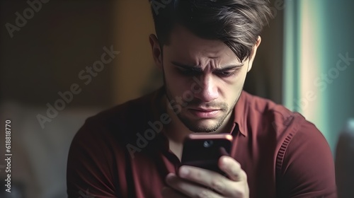Front view portrait of a sad, depressed, crying bearded man checking, looking at phone sitting on the floor in the living room at home, dad parent received negative news, dark background, AI Generated