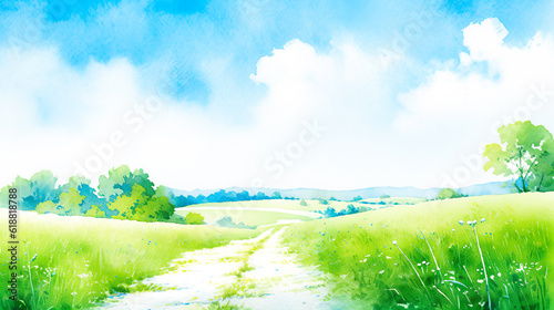 青空と平原を続く細い道の水彩イラスト背景　Generative AI