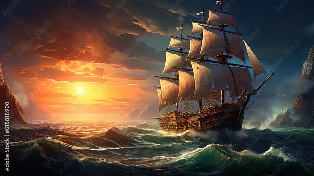 Obraz premium art illustration of big ancient pirate ship sailing on rough sea, Generative Ai