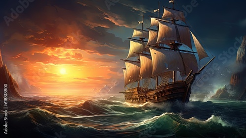 Stampa su tela art illustration of big ancient pirate ship sailing on rough sea, Generative Ai