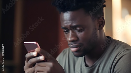 Front view portrait of a sad, depressed, crying African American man checking, looking at phone sitting on the floor in the living room at home, received negative news, dark background, AI Generated