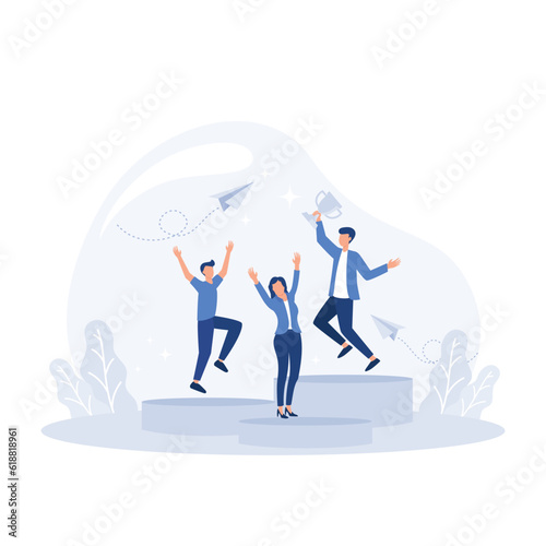 People standing on the podium rank first three places, jumps in the air with trophy cup, flat vector modern illustration