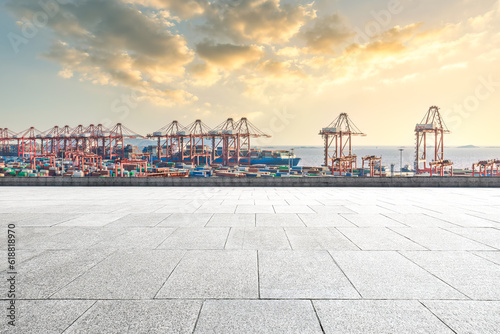 Empty square road and container port background
