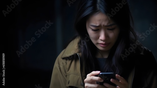 Front view portrait of a sad, depressed, crying Asian woman checking, looking at phone standing at the street in winter, Christmas, received negative news, dark background, AI Generated