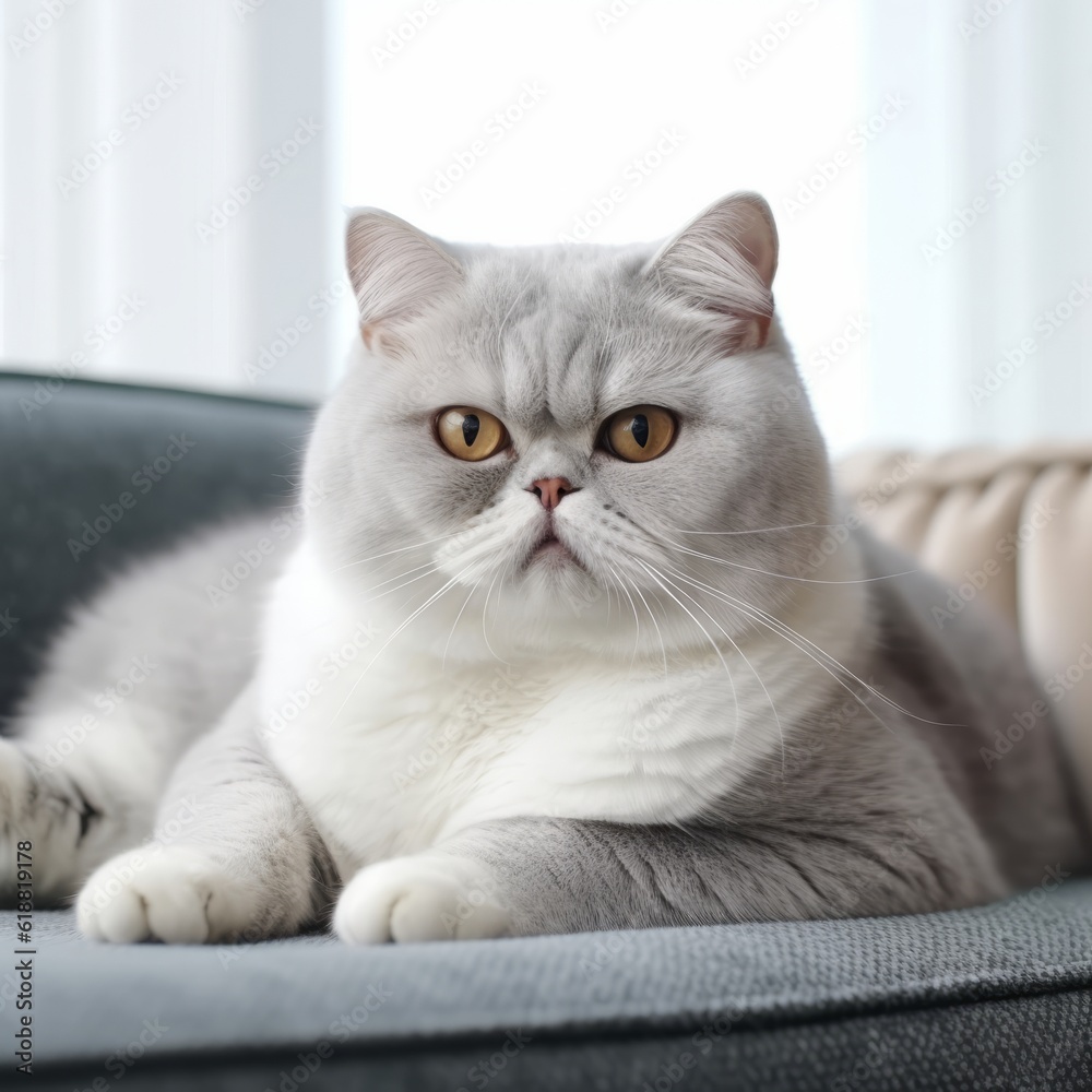 Portrait of a silver Exotic Shorthair cat lying on a sofa beside window in light room. Portrait of a beautiful Exotic Shorthair cat at home. Portrait of a gray cat with sleek fur looking at the camera