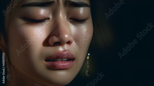 Front view close up portrait of a sad, depressed, crying Asian woman, face, tears, alone, received negative news, dark background, sunlight, AI Generated