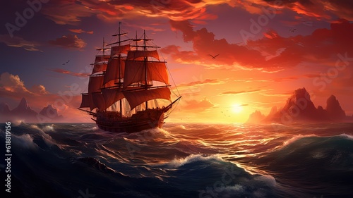 art illustration of big ancient pirate ship sailing on rough sea, Generative Ai