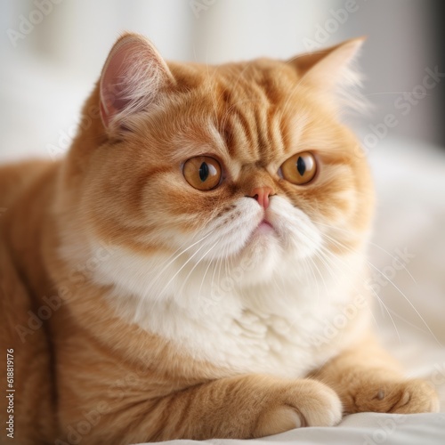 Profile portrait of a red Exotic Shorthair cat lying on a sofa at home. Closeup face of a beautiful Exotic Shorthair cat on a blurred background. Portrait of red cat with fluffy fur beside a window.