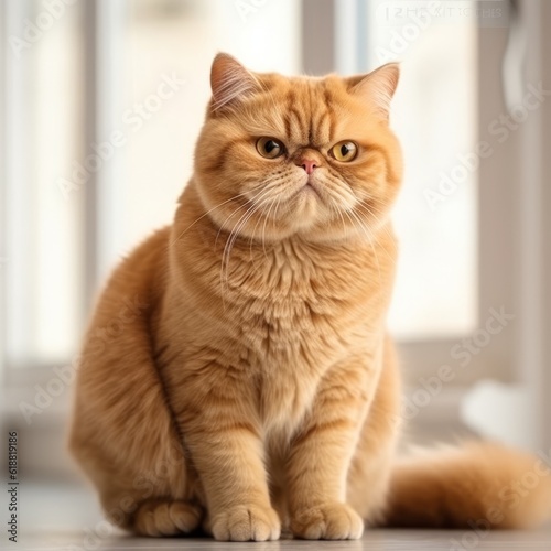 Portrait of a red Exotic Shorthair cat sitting in a light room beside a window. Portrait of a beautiful Exotic Shorthair cat at home. Portrait of a cute red cat with fluffy fur looking at the camera.