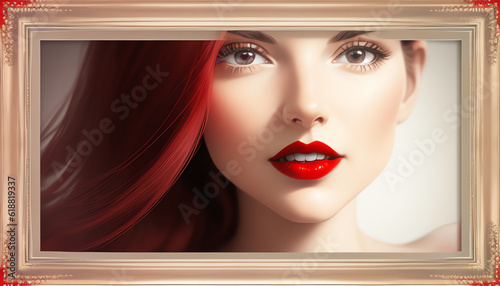 illustrazione Generative Ai ritratto primo piano di volto di giovane donna, capelli sciolti, labbra rosse, incorniciato, sguardo verso l'osservatore photo