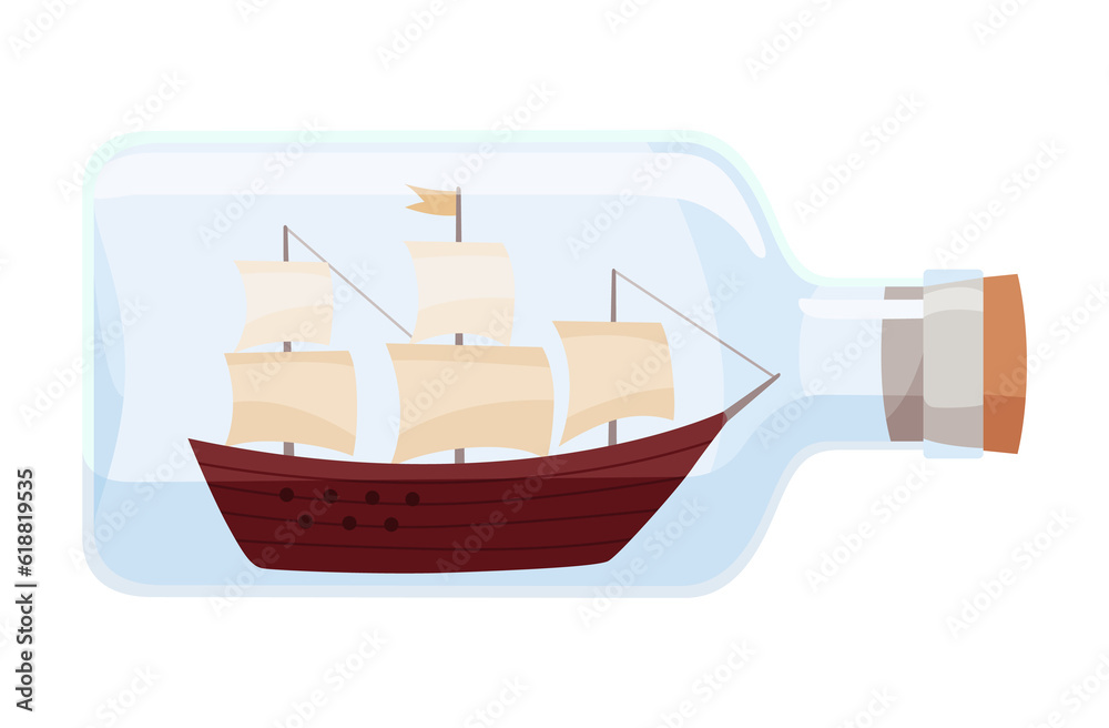 Ships in bottle. Glass with object inside. Miniature model of marine vessel. Hobby craft work and sea theme. Decorative marine souvenir, sailing craft