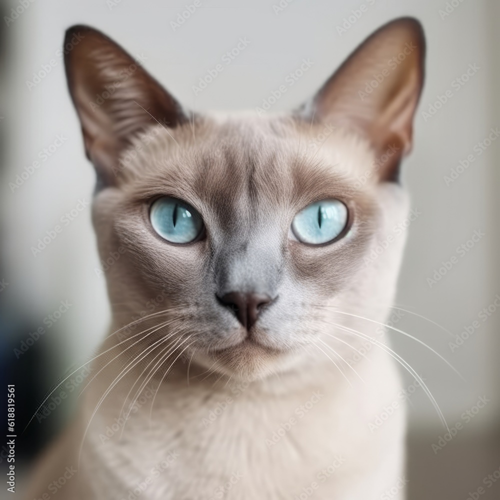 Portrait of a blue Tonkinese cat sitting in a light room beside a window. Closeup face of a beautiful Tonkinese cat at home. Portrait of a cute Tonkinese cat with blue-gray fur looking at the camera.