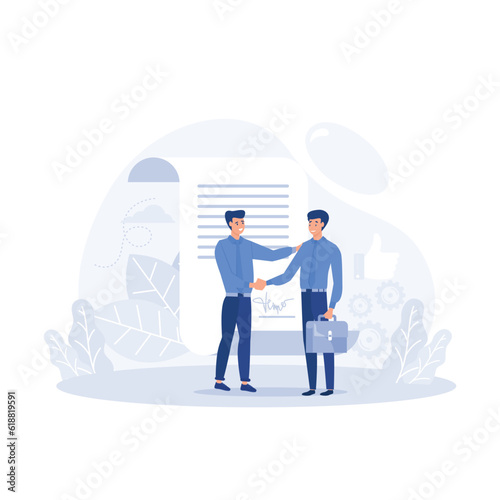 Business concept, people standing on a signed contract, flat vector modern illustration