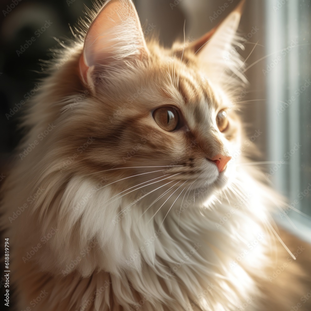 Portrait of a brown Norwegian Forest Cat sitting in light room beside a window. Closeup face of a beautiful Norwegian Forest Cat at home. Portrait of cute cat with reddish fur looking outside a window