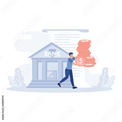 Businessman rolls a cart with money from the bank. Approved loan concept, flat vector modern illustration