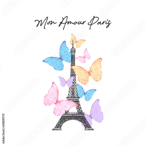 Watercolor colorful butterflies with eiffel tower illustration, inspirational quote, vector illustration for fashion, card, poster, wall art designs