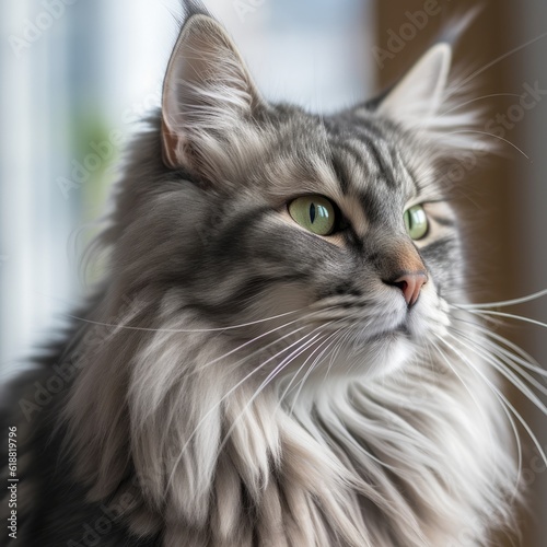 Portrait of a gray Norwegian Forest Cat sitting in light room beside a window. Closeup face of a beautiful Norwegian Forest Cat at home. Portrait of tabby cat with gray fur looking outside the window.