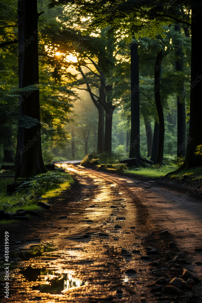 Fototapeta premium Summer, The sun shines brightly, Forest path. AI generative