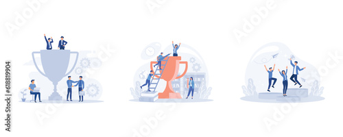 Success team concept illustration, people celebrate success achievement, People standing on the podium rank first three places, set flat vector modern illustration