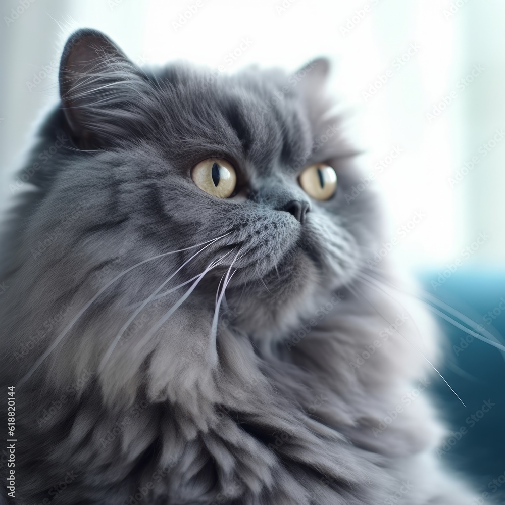 Portrait of a blue Persian cat sitting in light room with blurred background. Closeup face of a beautiful Persian cat at home. Portrait of a Persian cat with thick blue-gray fur looking to the side.