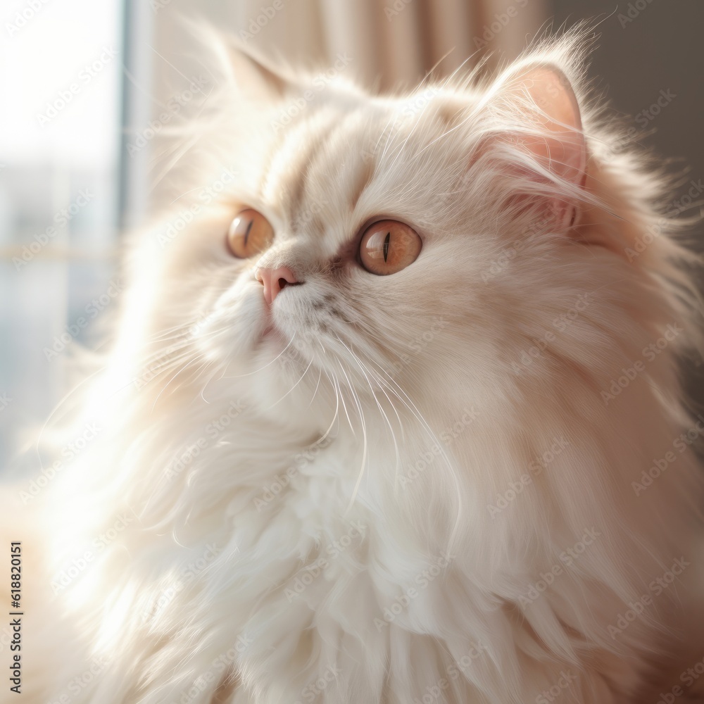 Profile portrait of a cream Persian cat at home. Closeup face of a beautiful Persian cat on a blurred background. Portrait of a  cream Persian cat with thick fur beside a window. AI generated.