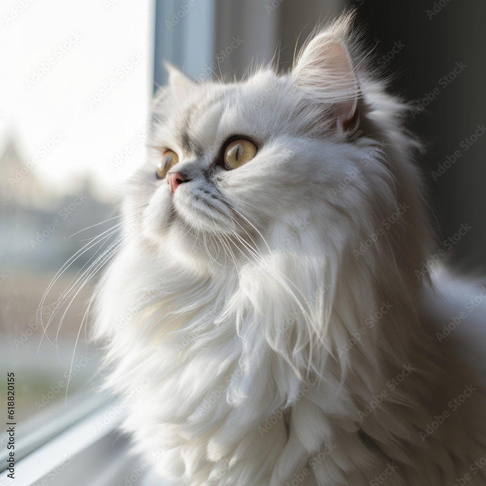 Profile portrait of a silver Persian cat sitting at home. Closeup face of a beautiful Persian cat on a blurred background. Portrait of a silver Persian cat with thick fur beside a window. AI generated