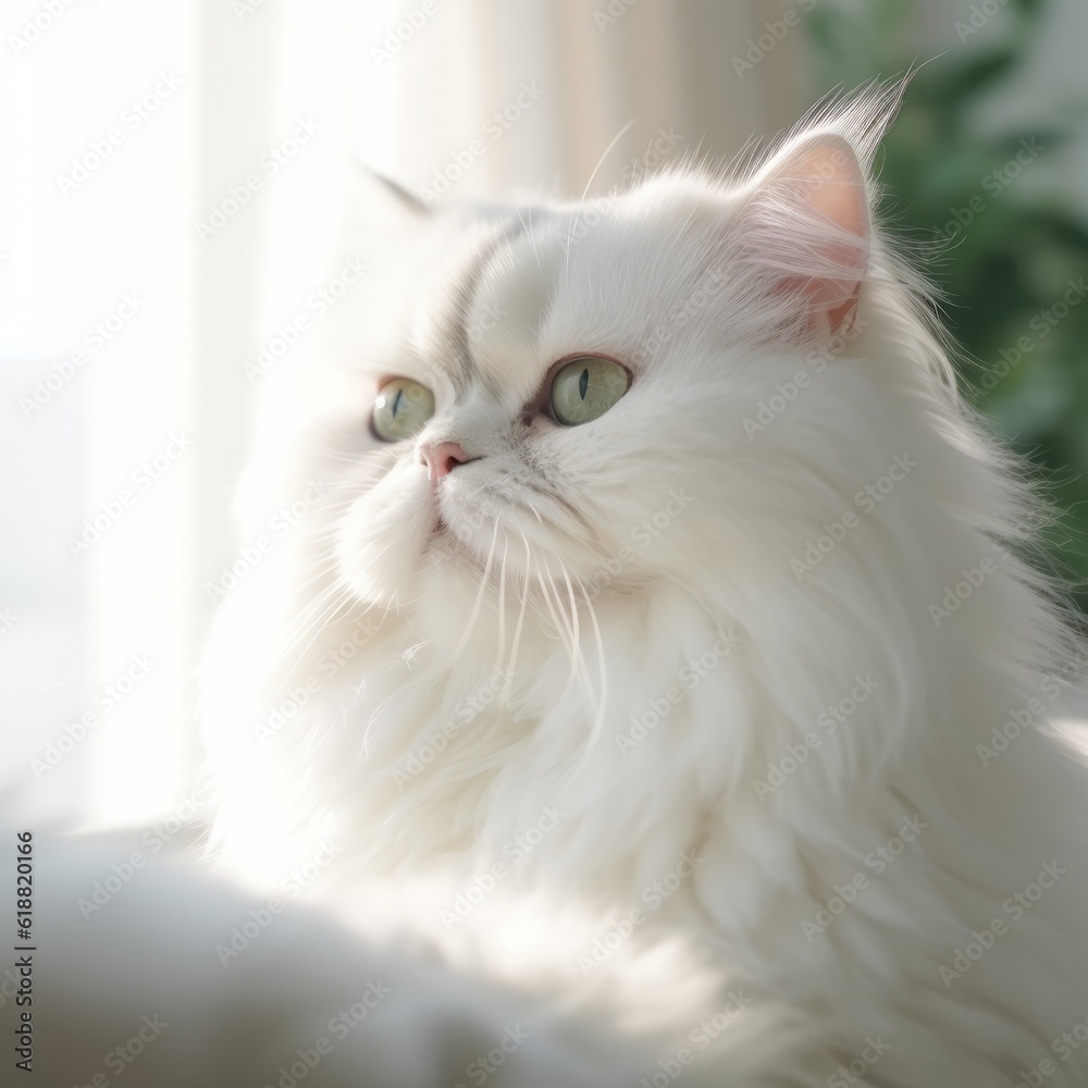 Profile portrait of a white Persian cat sitting beside a window in a light room with blurred background. Closeup face of a beautiful Persian cat at home. Portrait of a white Persian cat with thick fur
