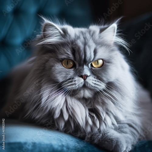 Portrait of a blue Persian cat laying on a sofa in a light room . Closeup face of a beautiful Persian cat at home. Portrait of a blue Persian cat with thick fur laying on a couch looking at the camera