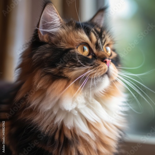 Profile portrait of a tortoiseshell Persian cat sitting beside a window in a light room with blurred background. Closeup face of a beautiful Persian cat at home. Portrait of Persian cat with thick fur