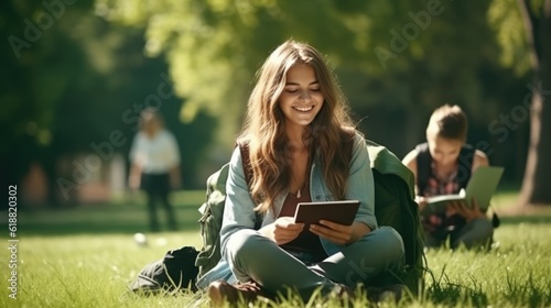 Young girl student with backpack and books sitting on grass with friends in park, Generative AI
