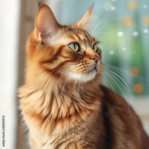 Profile portrait of a red Somali cat sitting beside a window in a light room with blurred background. Closeup face of a beautiful Somali cat at home. Portrait of ginger Somali cat with puffy ruddy fur