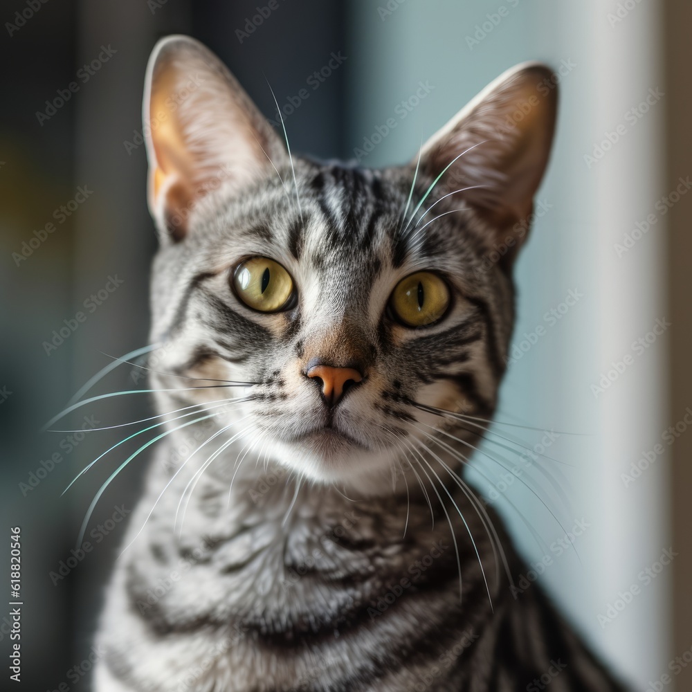 Portrait of an Egyptian Mau cat sitting in a light room beside a window. Closeup face of a beautiful Egyptian Mau cat at home. Portrait of a tabby Egyptian Mau cat with sleek fur looking at the camera Portrait of an Egyptian Mau cat sitting in a light room beside a window. Closeup face of a beautiful Egyptian Mau cat at home. Portrait of a tabby Egyptian Mau cat with sleek fur looking at the camera