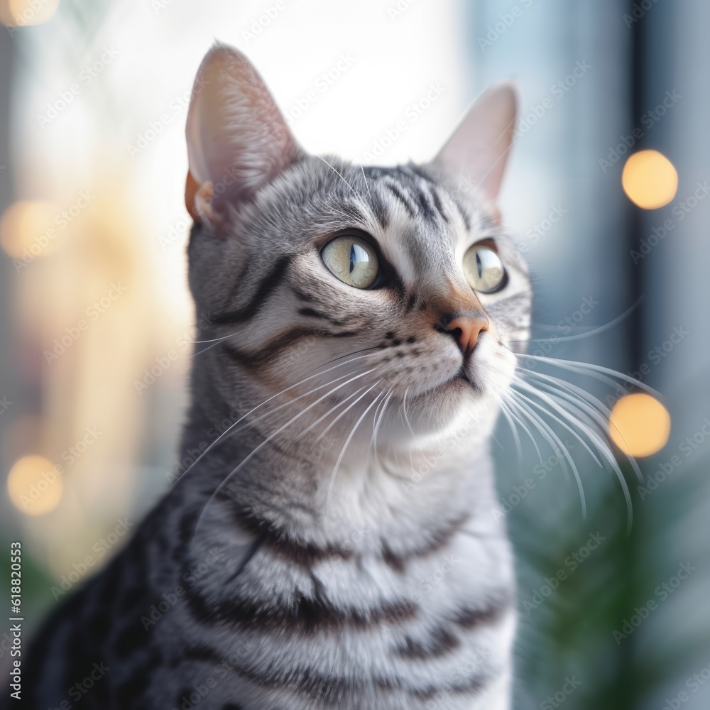 Portrait of an Egyptian Mau cat sitting in a light room beside a window. Closeup face of a beautiful Egyptian Mau cat at home. Portrait of a tabby Egyptian Mau cat with sleek fur looking to the side.