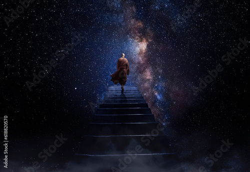 Monk observing the universe at the end of the stairs. AI generative