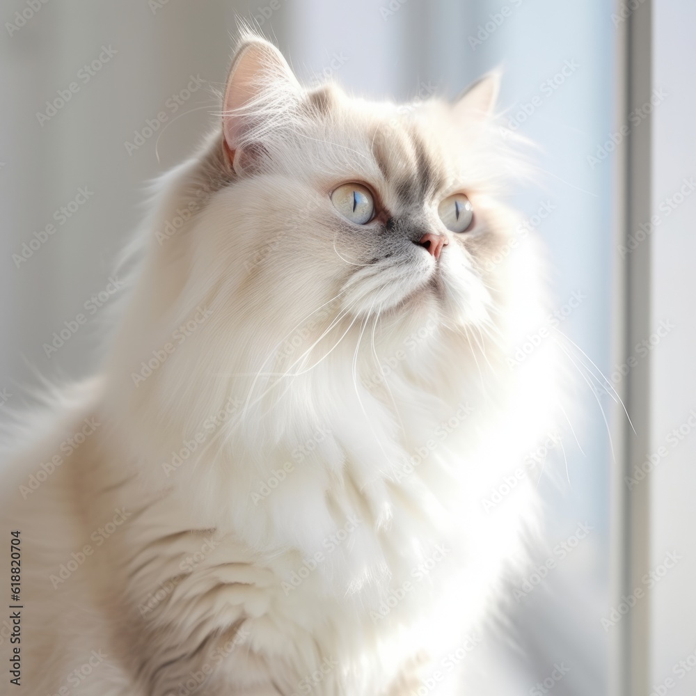 Portrait of a pale Himalayan cat sitting in a light a room beside a window. Closeup face of a beautiful Himalayan cat at home. Portrait of cream Himalayan cat with thick light fur looking out a window