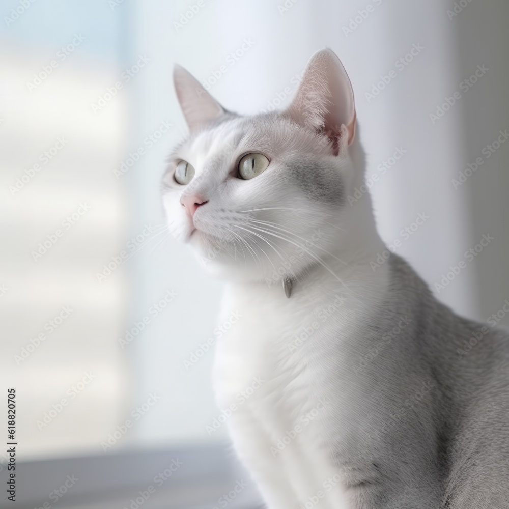 Portrait of a silver Japanese Bobtail cat sitting in a light room beside a window. Closeup face of a beautiful Japanese Bobtail cat at home. Portrait of a white cat with sleek fur looking out a window