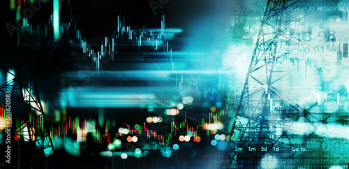 stock market graph with electric pole with blue energy business background