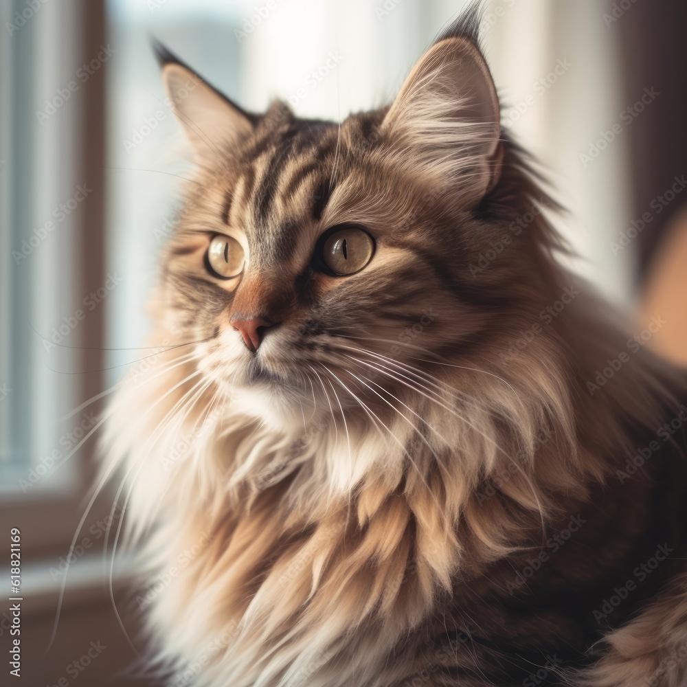 Portrait of a brown Ragamuffin cat sitting in a light room beside a window. Closeup face of a beautiful Ragamuffin cat at home. Portrait of cute Ragamuffin cat with chocolate fur looking out a window.