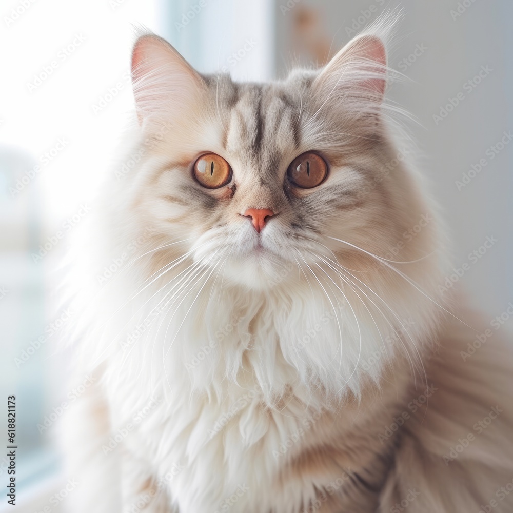 Portrait of a cream Ragamuffin cat sitting in light room beside a window. Closeup face of a beautiful Ragamuffin cat at home. Portrait of cute cream Ragamuffin cat with puffy fur looking at the camera Portrait of a cream Ragamuffin cat sitting in light room beside a window. Closeup face of a beautiful Ragamuffin cat at home. Portrait of cute cream Ragamuffin cat with puffy fur looking at the camera
