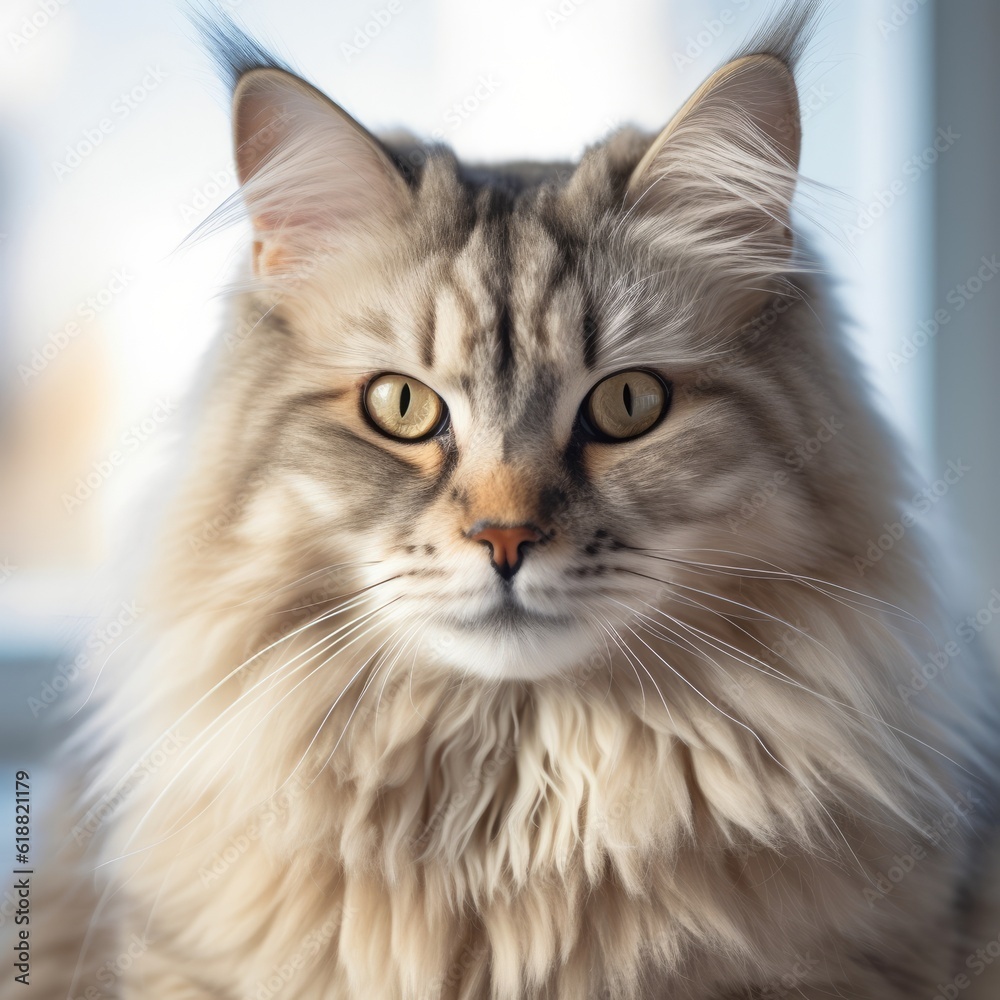 Portrait of a lynx point Ragamuffin cat sitting in a light room beside a window. Closeup face of a beautiful Ragamuffin cat at home. Portrait of a cute cat with light gray fur looking at the camera.