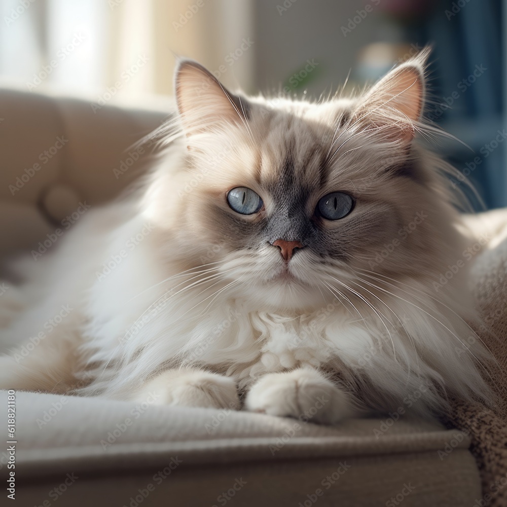 Portrait of a colorpoint Ragamuffin cat lying on a sofa beside a window in a light room. Closeup face of a beautiful Ragamuffin cat at home. Portrait of fluffy cat with thick fur looking at the camera