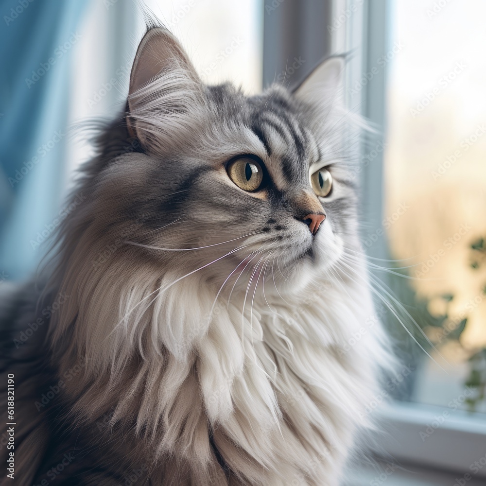 Portrait of a blue Ragamuffin cat sitting in a light room beside a window. Closeup face of a beautiful Ragamuffin cat at home. Portrait of a cute Ragamuffin cat with blue-gray fur looking out a window
