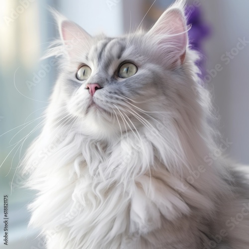 Portrait of a lilac point Ragamuffin cat sitting in a light lilac room beside a window. Closeup face of a beautiful Ragamuffin cat at home. Portrait of cute cat with puffy fur looking outside a window