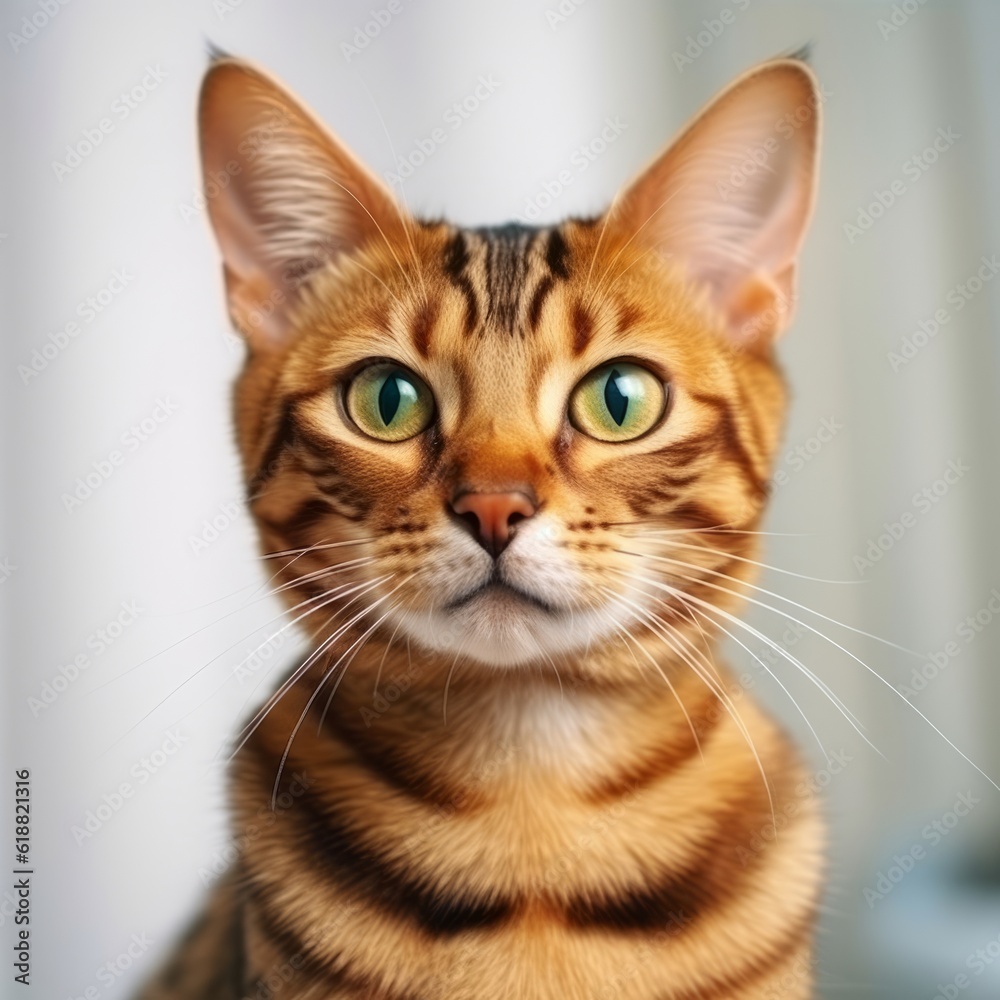 Portrait of a red Toyger cat sitting in a light room beside a window. Closeup face of a beautiful Toyger cat at home. Portrait of a cute tabby Toyger cat with ginger fur looking outside at the camera. Portrait of a red Toyger cat sitting in a light room beside a window. Closeup face of a beautiful Toyger cat at home. Portrait of a cute tabby Toyger cat with ginger fur looking outside at the camera.