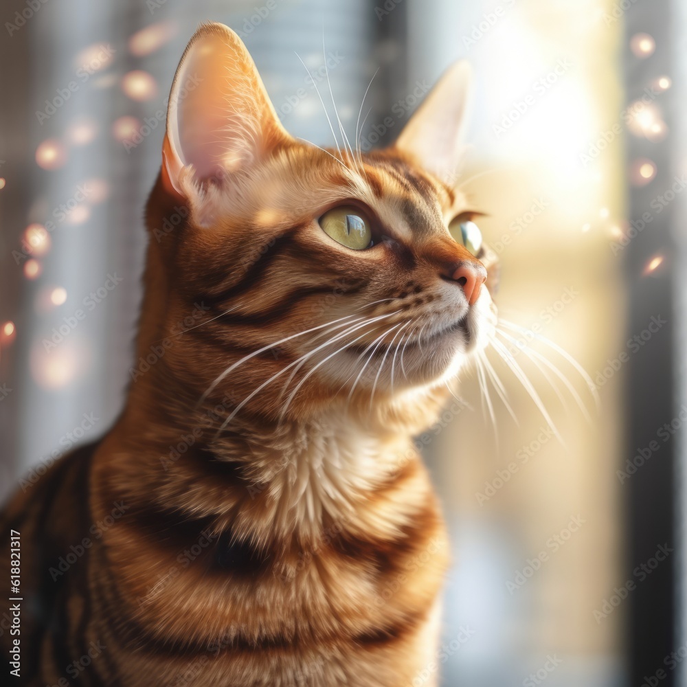Portrait of a red Toyger cat sitting in a light room beside a window. Closeup face of a beautiful Toyger cat at home. Portrait of a cute tabby Toyger cat with striped ginger fur looking out the window Portrait of a red Toyger cat sitting in a light room beside a window. Closeup face of a beautiful Toyger cat at home. Portrait of a cute tabby Toyger cat with striped ginger fur looking out the window