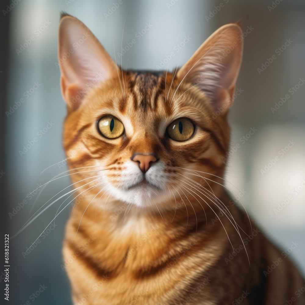 Portrait of a red Toyger cat sitting in a light room beside a window. Closeup face of a beautiful Toyger cat at home. Portrait of a cute tabby Toyger cat with ginger fur looking outside at the camera.