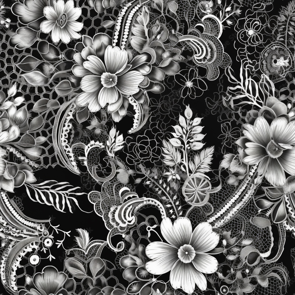 Obraz premium A Continuous Repeating Tile Pattern with a Black and White Floral Lace Design | Generative AI