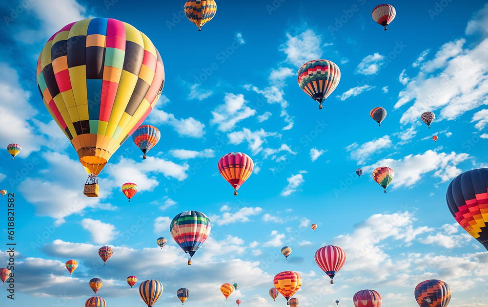 Fototapeta premium A plethora of exquisitely designed hot air balloons, featuring a vibrant array of colors, can be seen soaring above the clouds. Generative AI