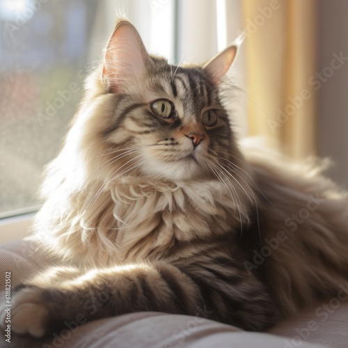 Profile portrait of a tabby Siberian Cat lying on a sofa at home. Closeup face of a beautiful Siberian Cat on a blurred background. Portrait of a Siberian Cat with thick puffy fur beside a window.