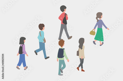 同じ方向へ歩いている人々の後ろ姿のイラスト	